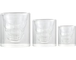 Schedelvormige drinkglazen met dubbele wand - Set van 3 glazen voor wijn en wodka - Feest en thuisgebruik - Baraccessoire - 75 ml, 150 ml, 250 ml