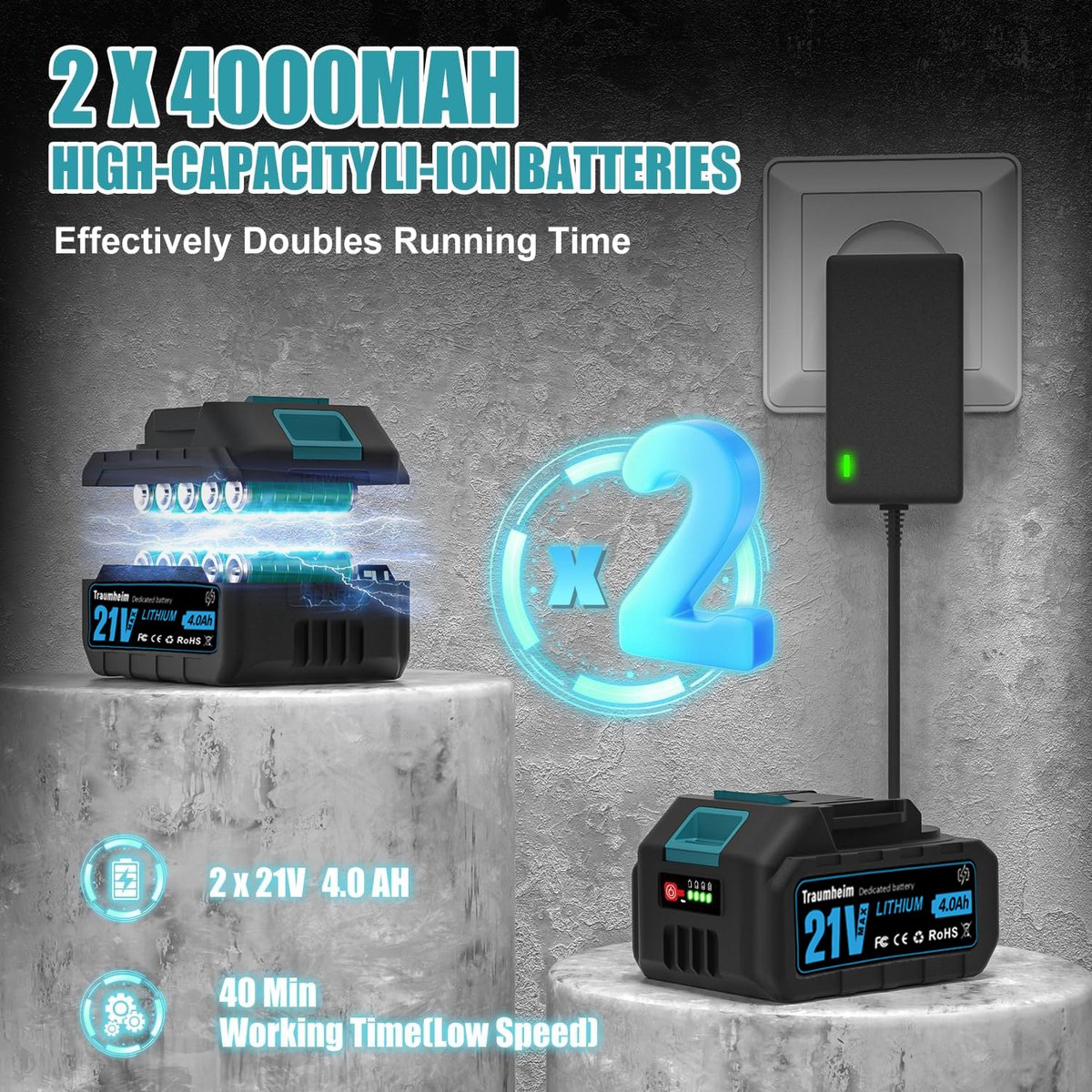 Accu Bladblazer -2x Accu (4.0Ah)en lader - 6 Snelheden - Blaassnelheid: 257 km/h - 2-delige buis - Draadloze Bladblazer - Lichtgewicht en Krachtig - Geschikt voor Bladeren en Tuinafval – foto 4