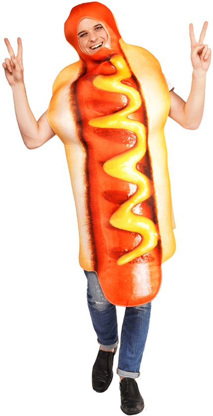 Kostuum Hotdog – One Size – Inclusief Jumpsuit – Carnaval, Foute Party & Verkleedkleding
