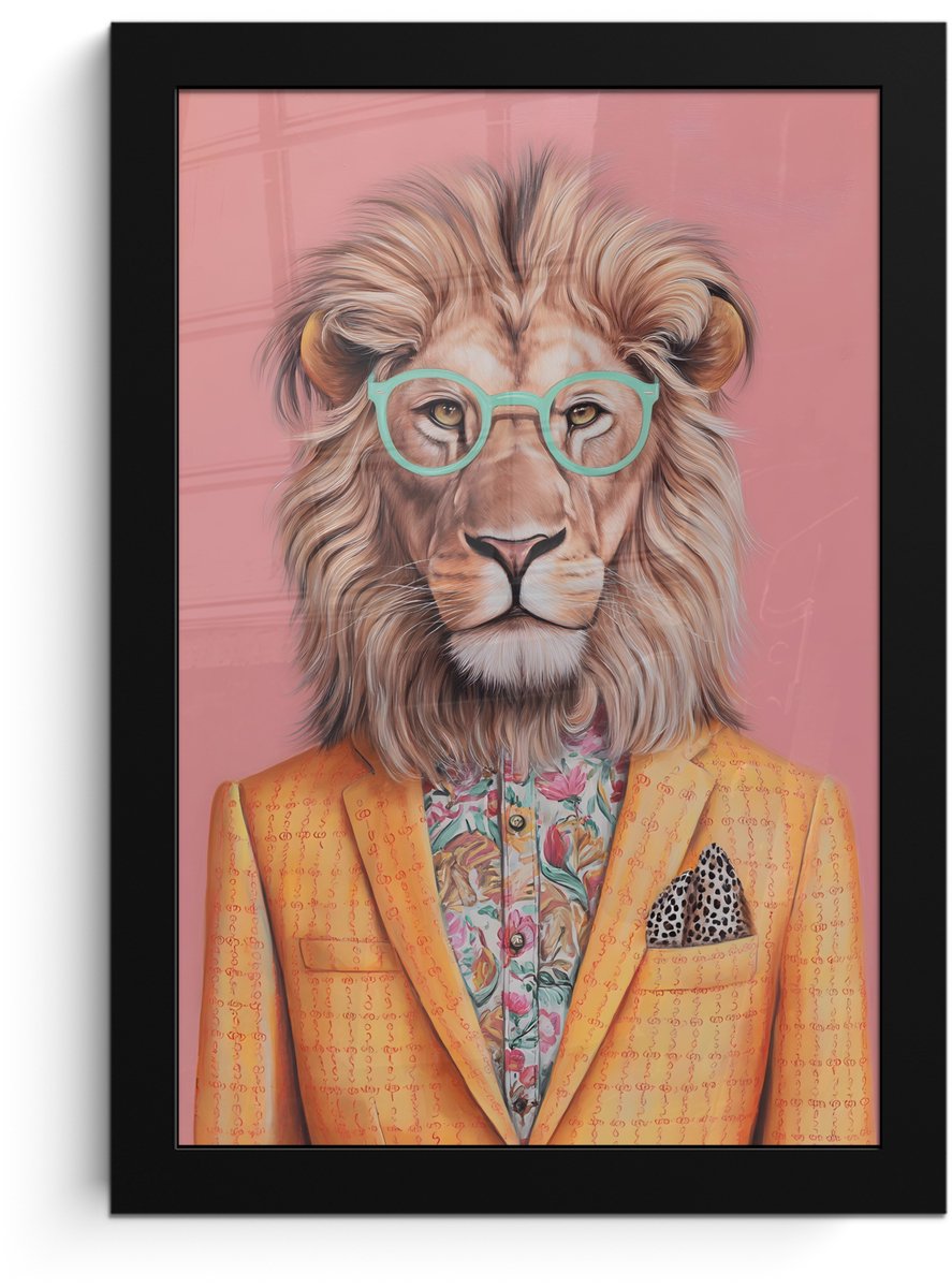 FrameYourWall Poster in lijst - Fotolijst 20x30 cm - Posters - Leeuw - Pak - Geruit - Bril - Posterlijst zwart - Decoratie - Wanddecoratie woonkamer - Muurdecoratie slaapkamer