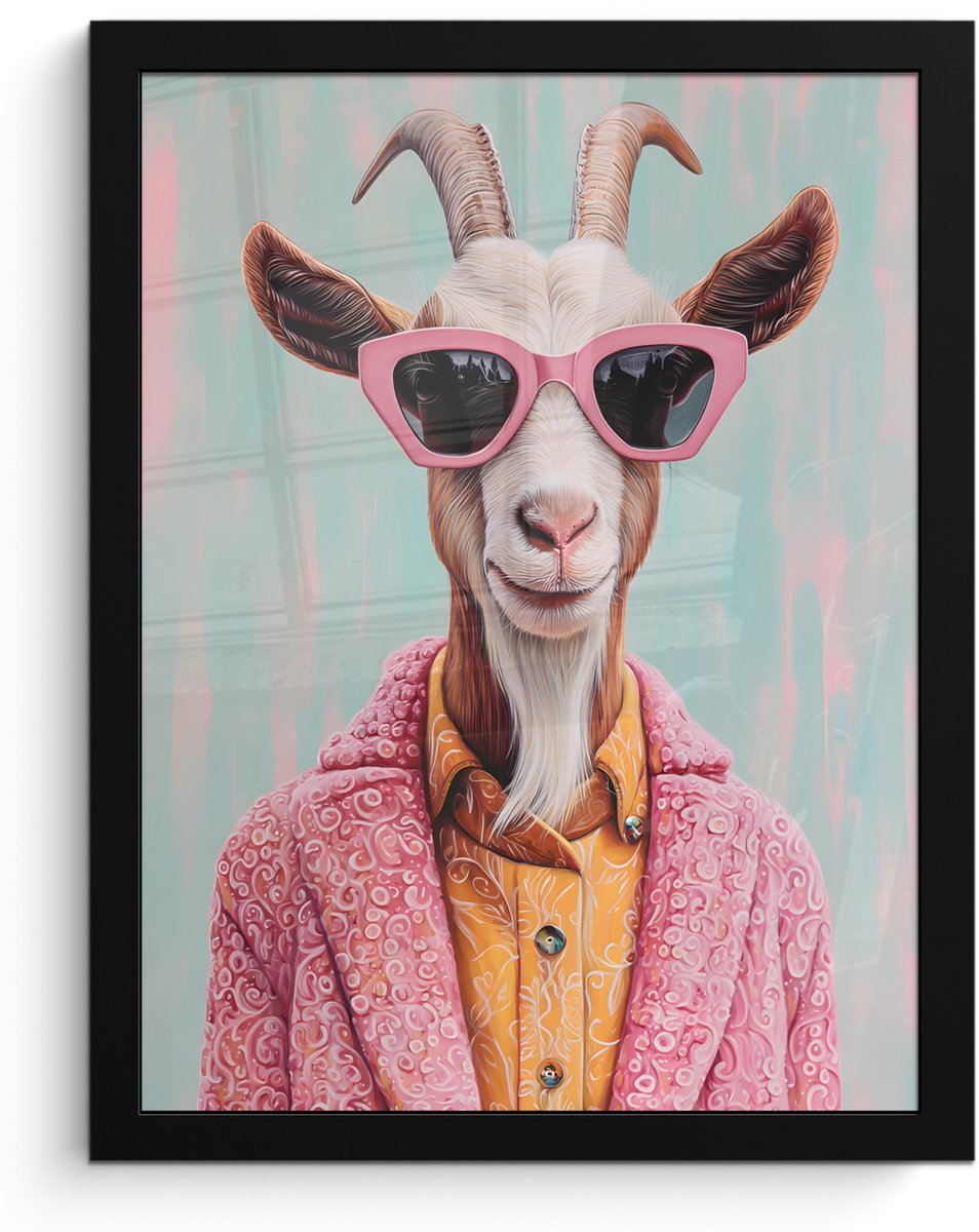 FrameYourWall Poster in lijst - Fotolijst 30x40 cm - Posters - Zonnebril - Roze - Geit - Horen - Posterlijst zwart - Decoratie - Wanddecoratie woonkamer - Muurdecoratie slaapkamer
