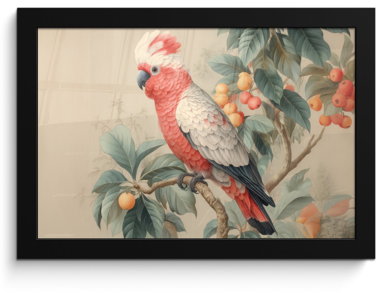 FrameYourWall Poster in lijst - Fotolijst 30x20 cm - Posters - Roze kuifkaketoe - Tak met vruchten - Bladeren - Posterlijst zwart - Decoratie - Wanddecoratie woonkamer - Muurdecoratie slaapkamer Kuifkaketoe - Tak - Vruchten