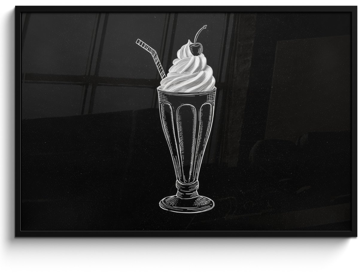FrameYourWall Poster in lijst - Fotolijst 120x80 cm - Posters - Ijscoupe - Kers - Krijtstijl - Slagroom - Posterlijst zwart - Decoratie - Wanddecoratie woonkamer - Muurdecoratie slaapkamer Ijscoupe - Kers - Slagroom