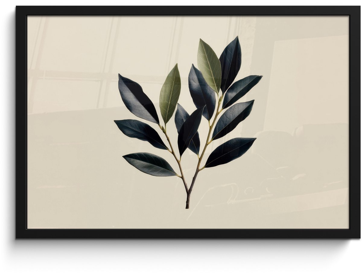 FrameYourWall Poster in lijst - Fotolijst 60x40 cm - Posters - Ovaal - Olijfgroen - Simpel - Posterlijst zwart - Decoratie - Wanddecoratie woonkamer - Muurdecoratie slaapkamer Tak - Blad
