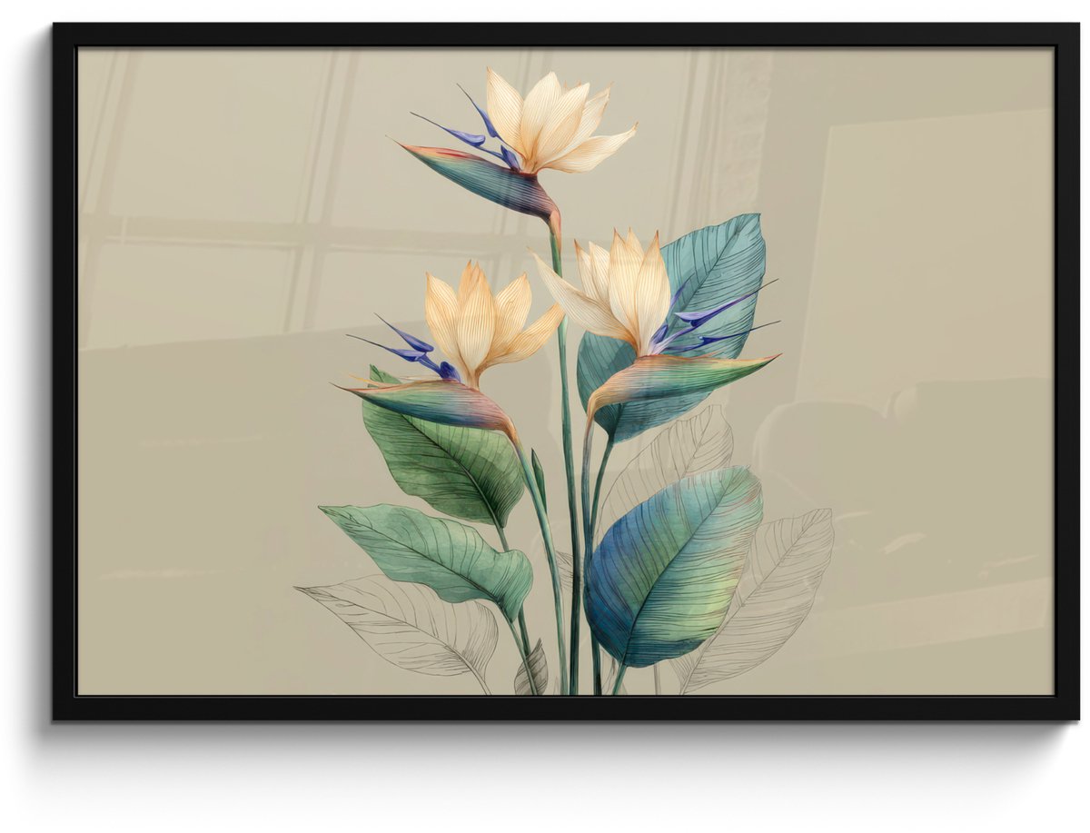 FrameYourWall Poster in lijst - Fotolijst 90x60 cm - Posters - Paradijsvogelbloemen - Blauwgroene bladeren - Beige - Posterlijst zwart - Decoratie - Wanddecoratie woonkamer - Muurdecoratie slaapkamer