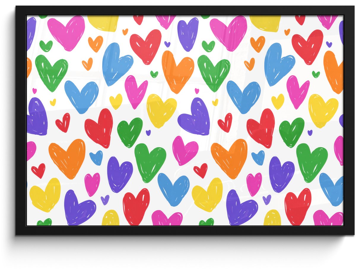 FrameYourWall Poster in lijst - Fotolijst 60x40 cm - Posters - Hartjes - Patroon - Kleurrijk - Tekening - Posterlijst zwart - Decoratie - Wanddecoratie woonkamer - Muurdecoratie slaapkamer Hartjes - Kleurrijk