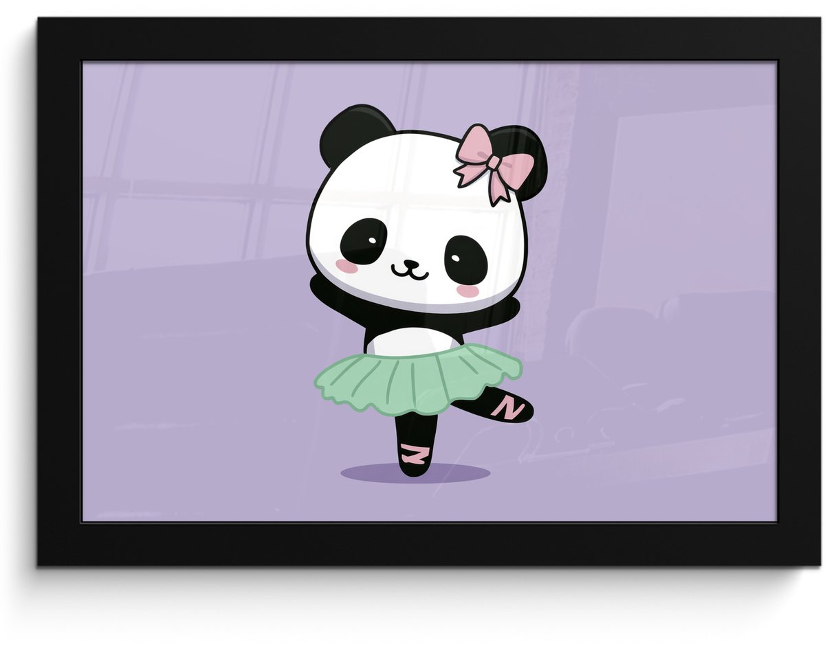 FrameYourWall Poster in lijst - Fotolijst 30x20 cm - Posters - Panda - Paars - Sierlijk - Kawaii - Posterlijst zwart - Decoratie - Wanddecoratie woonkamer - Muurdecoratie slaapkamer