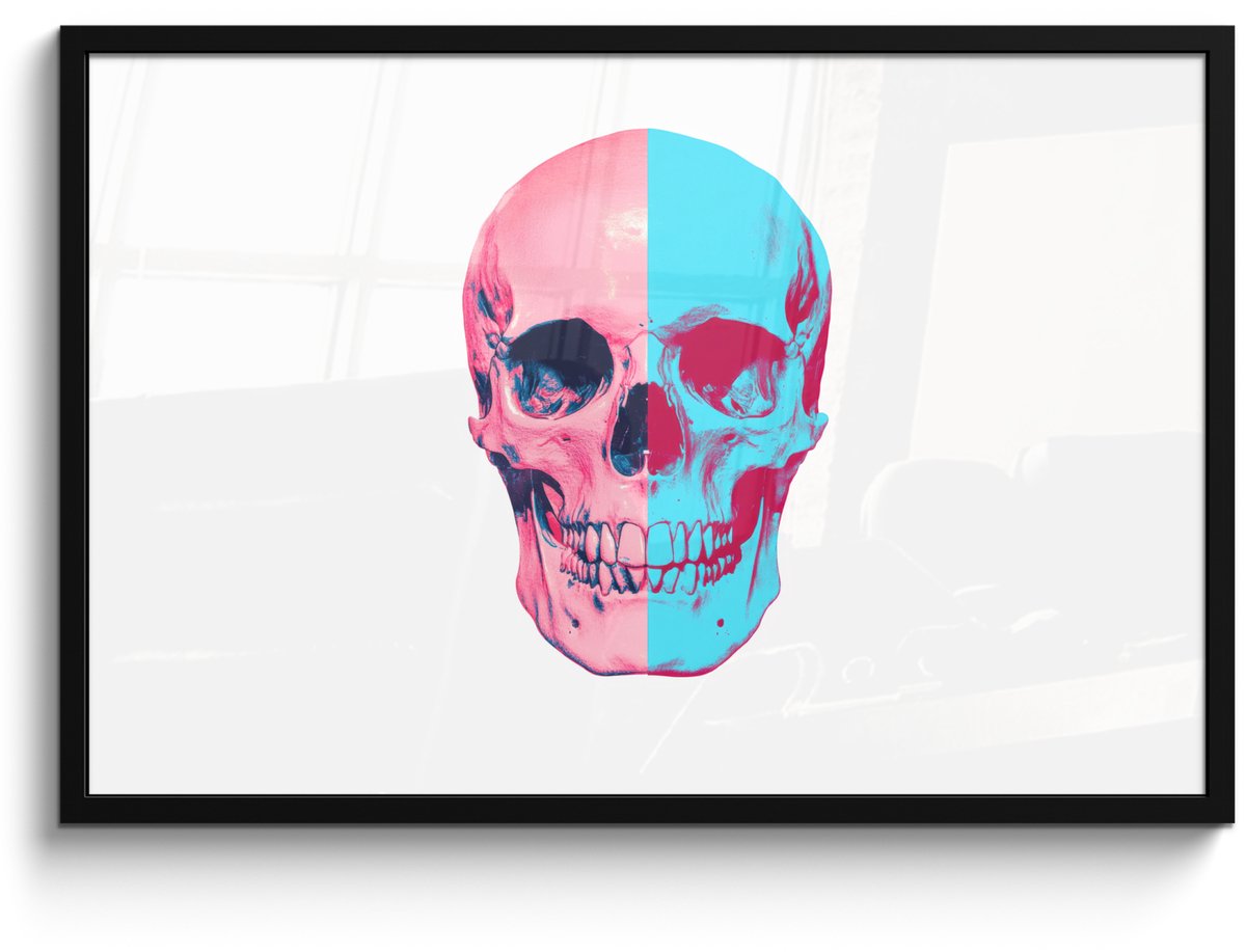 FrameYourWall Poster in lijst - Fotolijst 90x60 cm - Posters - Schedel - Grafisch - Roze - Verdeeld - Posterlijst zwart - Decoratie - Wanddecoratie woonkamer - Muurdecoratie slaapkamer