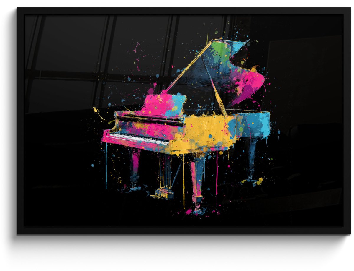 FrameYourWall Poster in lijst - Fotolijst 90x60 cm - Posters - Piano - Kleurrijk - Verf - Modern - Posterlijst zwart - Decoratie - Wanddecoratie woonkamer - Muurdecoratie slaapkamer Piano - Verf - Kleurrijk