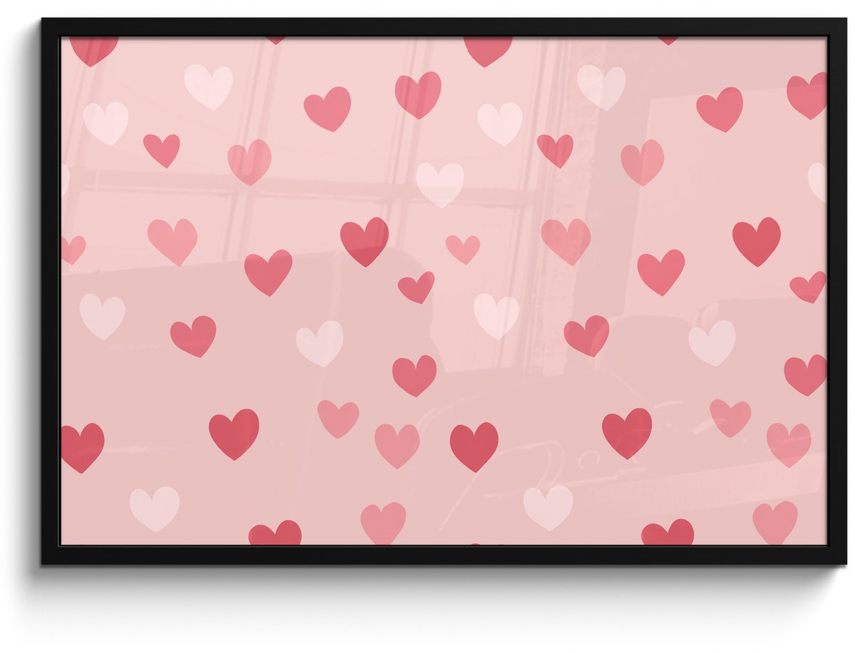 FrameYourWall Poster in lijst - Fotolijst 90x60 cm - Posters - Hartjes - Patroon - Roze - Eenvoudig - Posterlijst zwart - Decoratie - Wanddecoratie woonkamer - Muurdecoratie slaapkamer