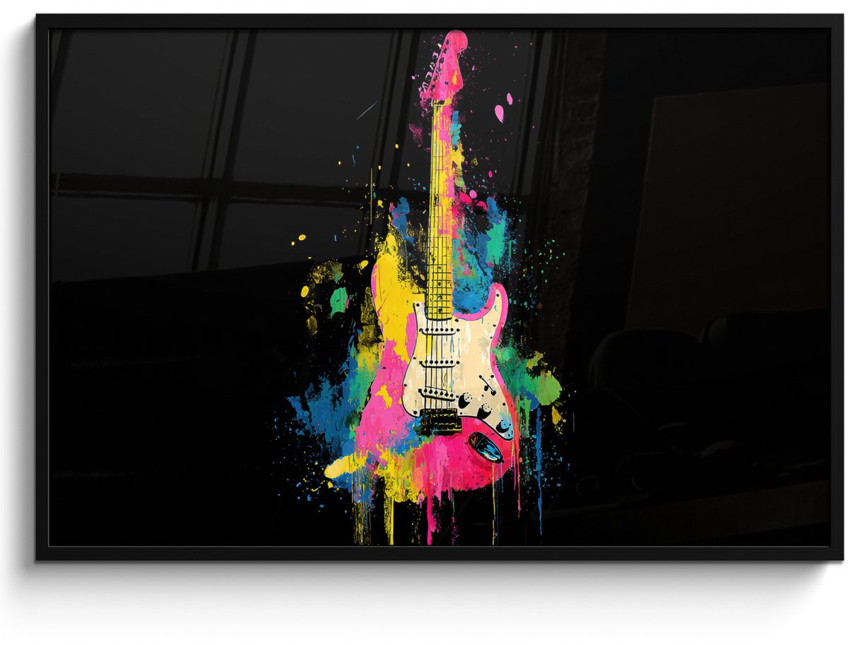 FrameYourWall Poster in lijst - Fotolijst 120x80 cm - Posters - Gitaar - Kleurrijk - Verf - Posterlijst zwart - Decoratie - Wanddecoratie woonkamer - Muurdecoratie slaapkamer