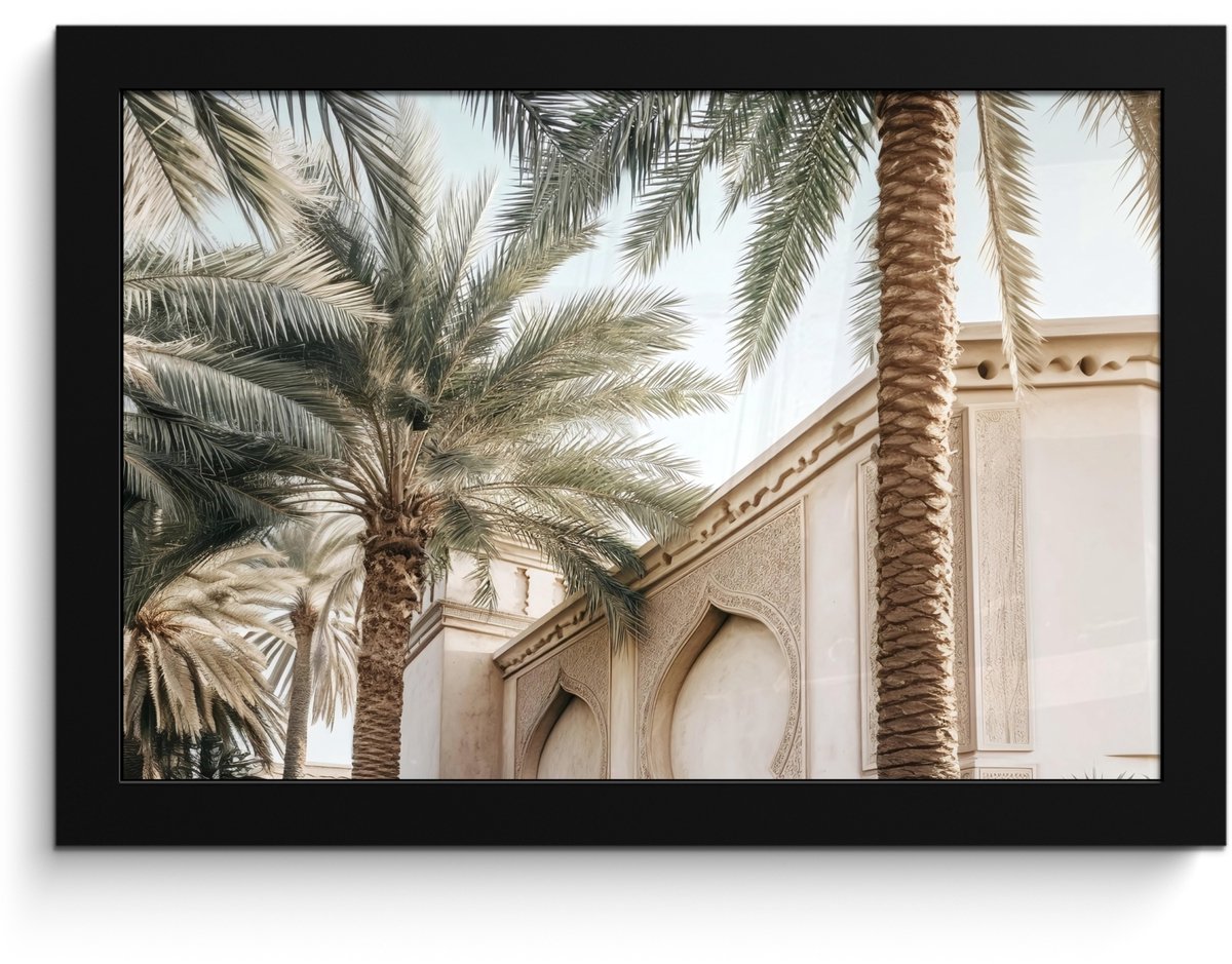 FrameYourWall Poster in lijst - Fotolijst 30x20 cm - Posters - Gebouw - Palmbomen - Beige - Zon - Posterlijst zwart - Decoratie - Wanddecoratie woonkamer - Muurdecoratie slaapkamer