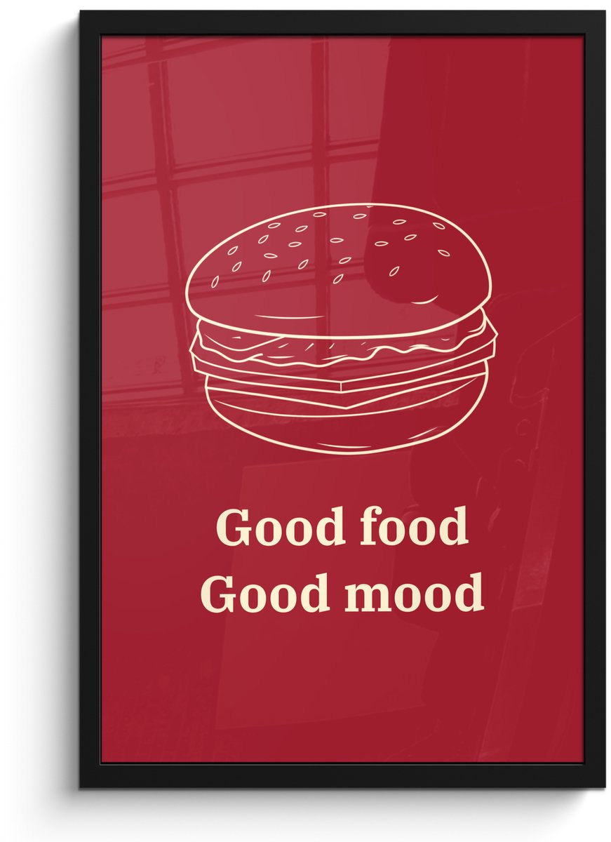FrameYourWall Poster in lijst - Fotolijst 40x60 cm - Posters - Dieprood - Lijntekening - Tekst - Hamburger - Posterlijst zwart - Decoratie - Wanddecoratie woonkamer - Muurdecoratie slaapkamer Hamburger - Lijntekening