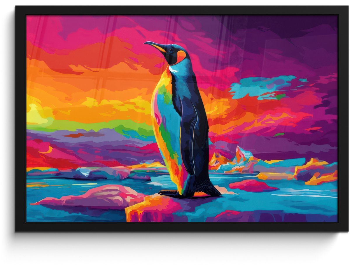 FrameYourWall Poster in lijst - Fotolijst 60x40 cm - Posters - Ijsschots - Pinguïn - Abstract - Lucht - Posterlijst zwart - Decoratie - Wanddecoratie woonkamer - Muurdecoratie slaapkamer Pinguïn - Kleurrijk