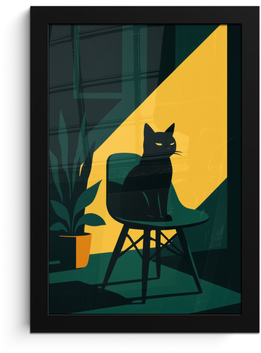 FrameYourWall Poster in lijst - Fotolijst 20x30 cm - Posters - Zwarte kat - Mysterieus - Gele instraal - Posterlijst zwart - Decoratie - Wanddecoratie woonkamer - Muurdecoratie slaapkamer