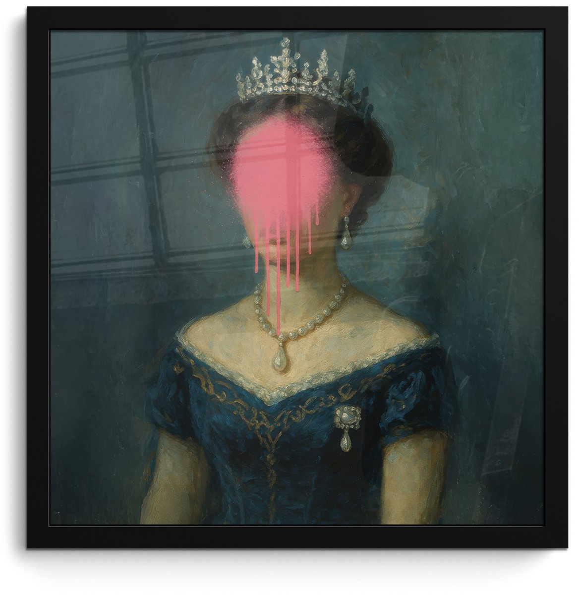 FrameYourWall Poster in lijst - Fotolijst 40x40 cm - Posters - Kroon - Roze druipend verf - Portret - Posterlijst zwart - Decoratie - Wanddecoratie woonkamer - Muurdecoratie slaapkamer Vrouw - Kroon - Verf