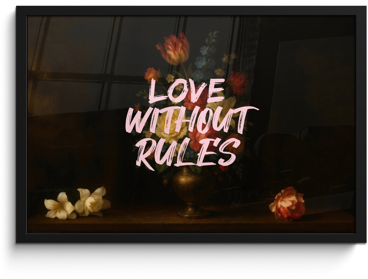 FrameYourWall Poster in lijst - Fotolijst 60x40 cm - Posters - Liefde - Modern - Bloemen - Posterlijst zwart - Decoratie - Wanddecoratie woonkamer - Muurdecoratie slaapkamer Love without rules