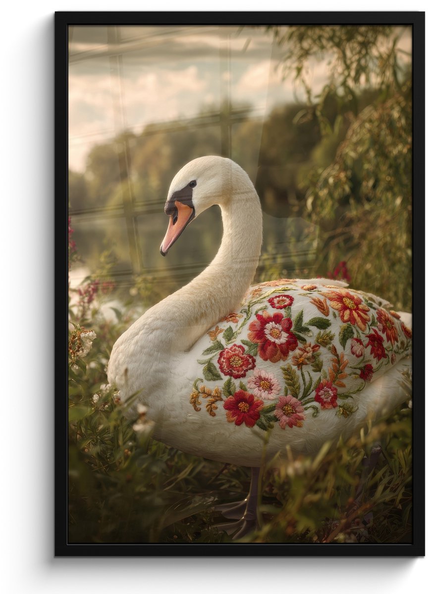 FrameYourWall Poster in lijst - Fotolijst 60x90 cm - Posters - Zwaan - Bloemen - Natuur - Posterlijst zwart - Decoratie - Wanddecoratie woonkamer - Muurdecoratie slaapkamer