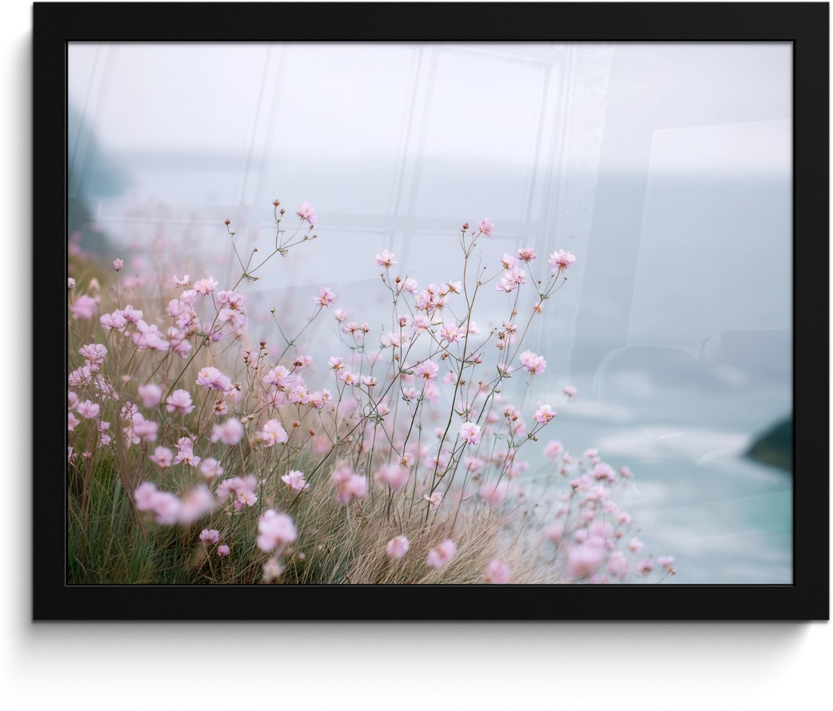 FrameYourWall Poster in lijst - Fotolijst 40x30 cm - Posters - Klif - Bloemen - Zee - Roze - Posterlijst zwart - Decoratie - Wanddecoratie woonkamer - Muurdecoratie slaapkamer