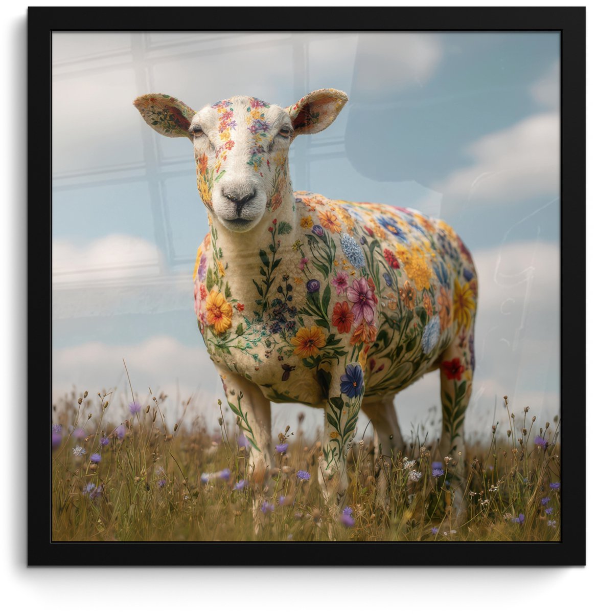 FrameYourWall Poster in lijst - Fotolijst 40x40 cm - Posters - Schaap - Bloemen - Weide - Posterlijst zwart - Decoratie - Wanddecoratie woonkamer - Muurdecoratie slaapkamer