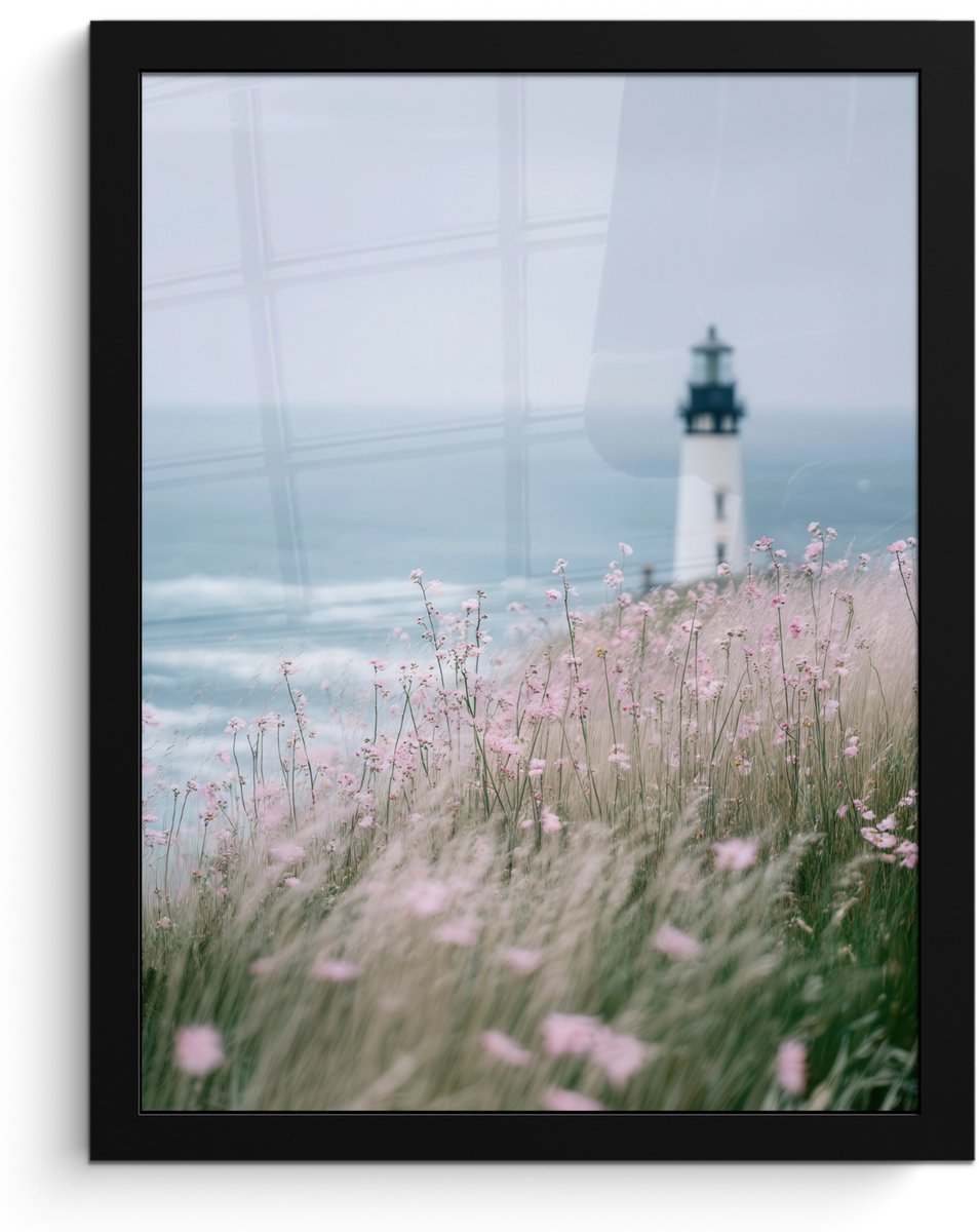 FrameYourWall Poster in lijst - Fotolijst 30x40 cm - Posters - Vuurtoren - Klif - Zee - Bloemen - Posterlijst zwart - Decoratie - Wanddecoratie woonkamer - Muurdecoratie slaapkamer Vuurtoren - Zee - Bloemen