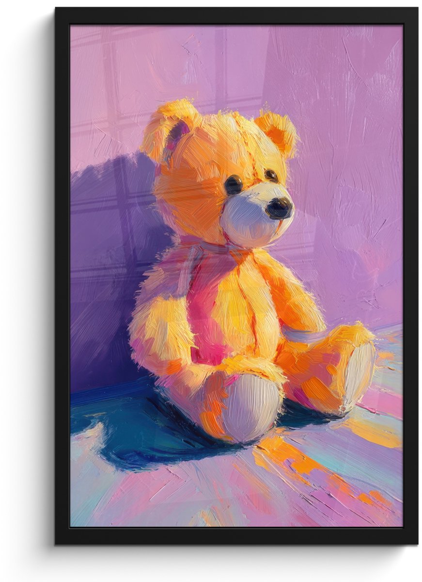 FrameYourWall Poster in lijst - Fotolijst 40x60 cm - Posters - Teddybeer - Schaduw - Penseelstreken - Paars - Posterlijst zwart - Decoratie - Wanddecoratie woonkamer - Muurdecoratie slaapkamer