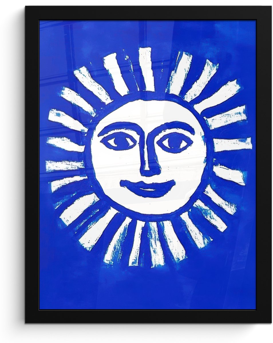 FrameYourWall Poster in lijst - Fotolijst 30x40 cm - Posters - Zon - Gezicht - Penseelstructuur - Blauw - Posterlijst zwart - Decoratie - Wanddecoratie woonkamer - Muurdecoratie slaapkamer
