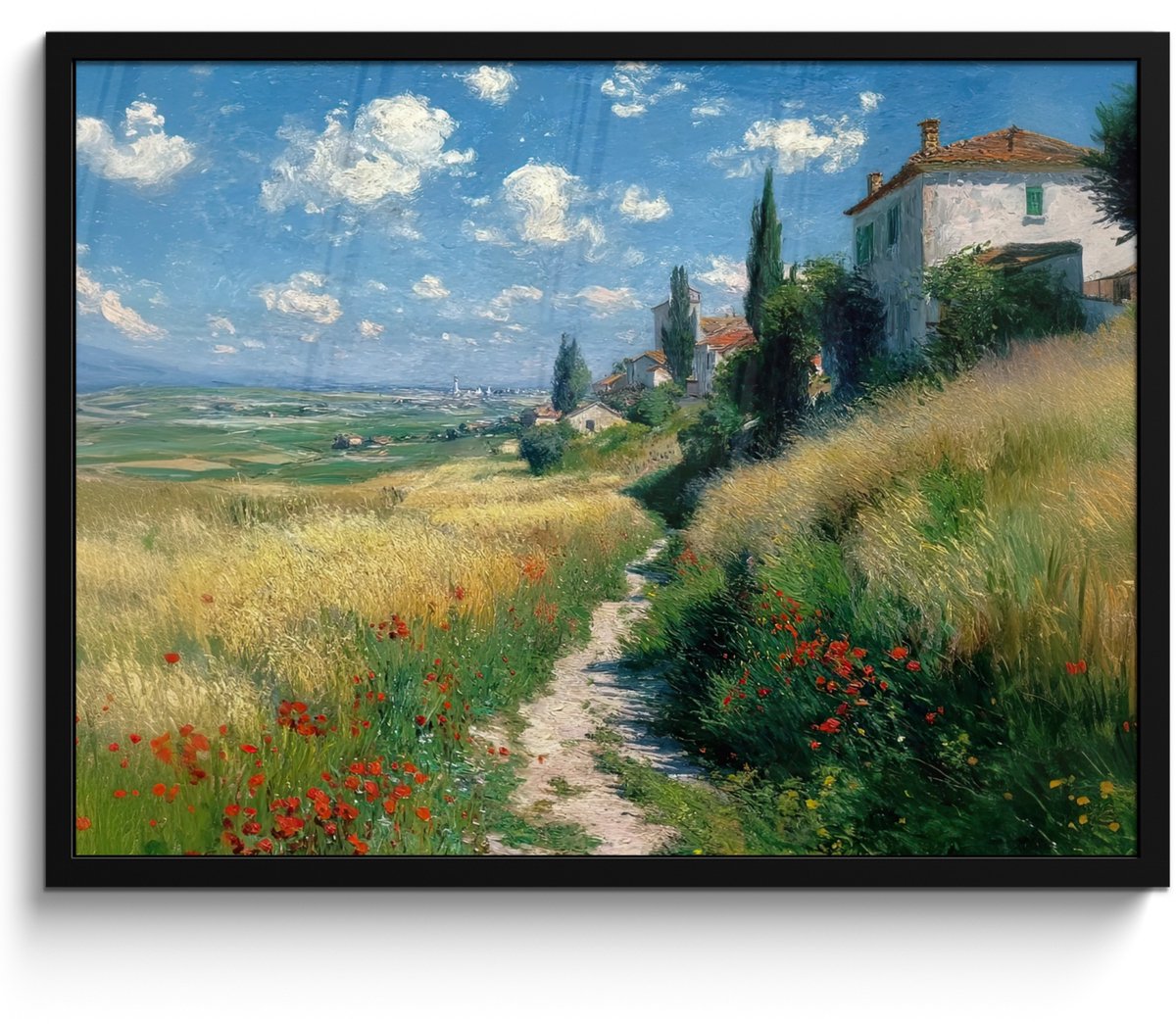 FrameYourWall Poster in lijst - Fotolijst 80x60 cm - Posters - Zandpad - Huis - Bomen - Grasveld - Posterlijst zwart - Decoratie - Wanddecoratie woonkamer - Muurdecoratie slaapkamer