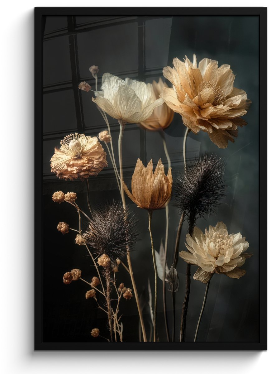 FrameYourWall Poster in lijst - Fotolijst 60x90 cm - Posters - Boeket - Bloemen - Licht - Zwart - Posterlijst zwart - Decoratie - Wanddecoratie woonkamer - Muurdecoratie slaapkamer