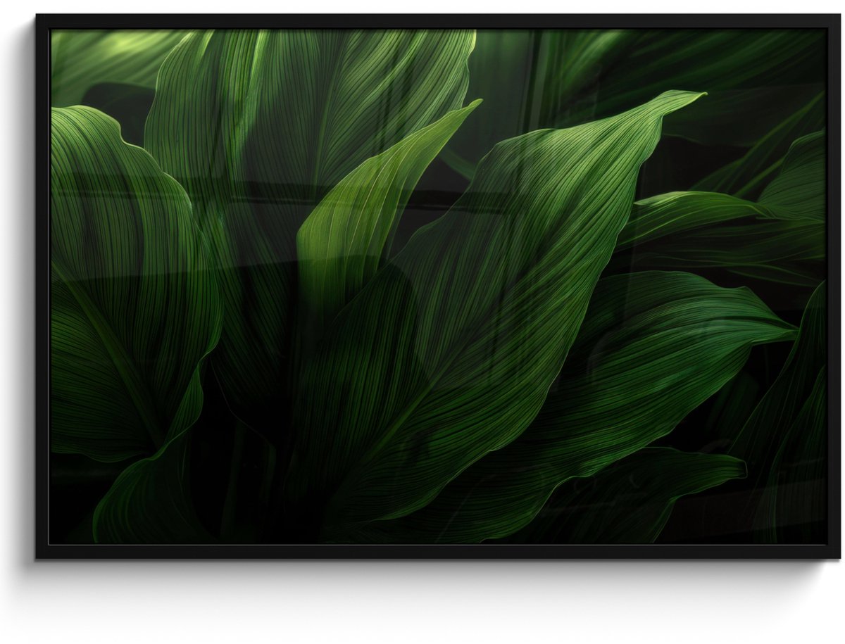 FrameYourWall Poster in lijst - Fotolijst 120x80 cm - Posters - Bladeren - Schaduw - Groen - Textuur - Posterlijst zwart - Decoratie - Wanddecoratie woonkamer - Muurdecoratie slaapkamer