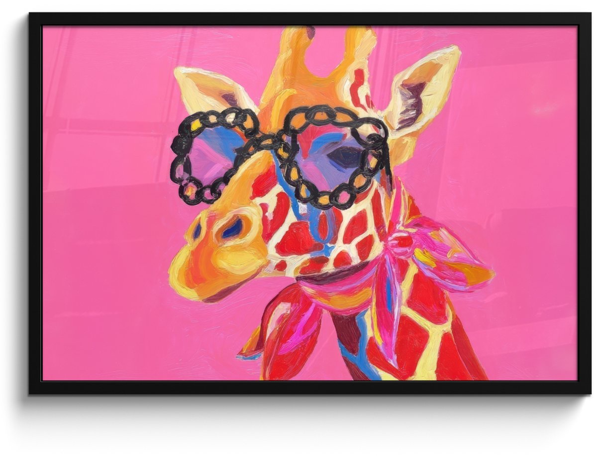FrameYourWall Poster in lijst - Fotolijst 90x60 cm - Posters - Giraf - Roze - Bril - Sjaal - Posterlijst zwart - Decoratie - Wanddecoratie woonkamer - Muurdecoratie slaapkamer