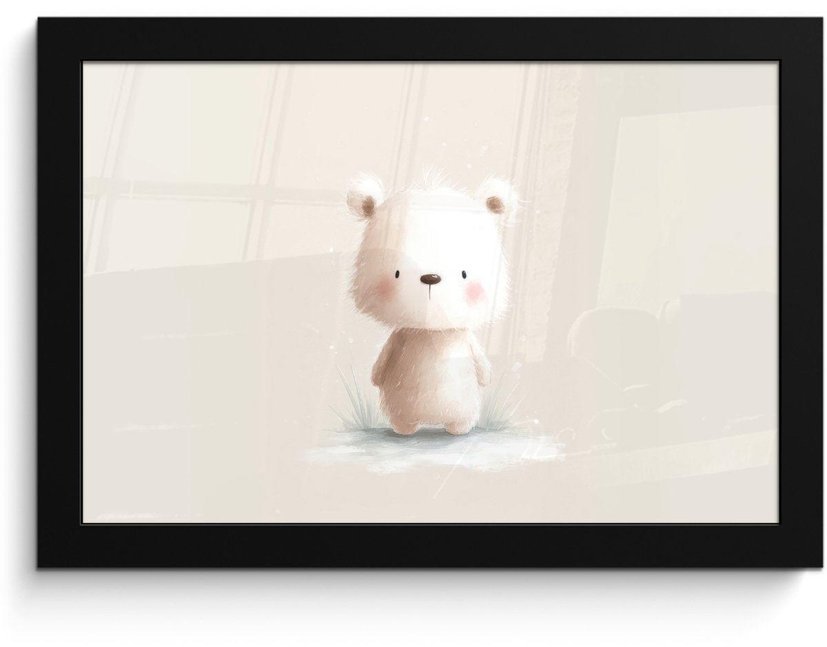FrameYourWall Poster in lijst - Fotolijst 30x20 cm - Posters - Beertje - Sneeuwvlokje - Wit - Pluizig - Posterlijst zwart - Decoratie - Wanddecoratie woonkamer - Muurdecoratie slaapkamer
