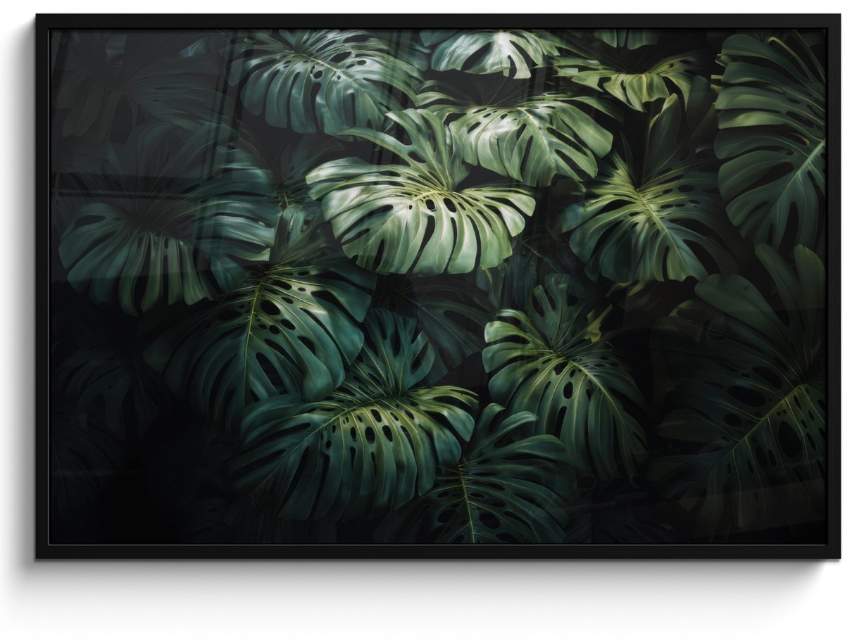 FrameYourWall Poster in lijst - Fotolijst 120x80 cm - Posters - Plant - Monstera - Lichtinval - Posterlijst zwart - Decoratie - Wanddecoratie woonkamer - Muurdecoratie slaapkamer Bladeren - Glad