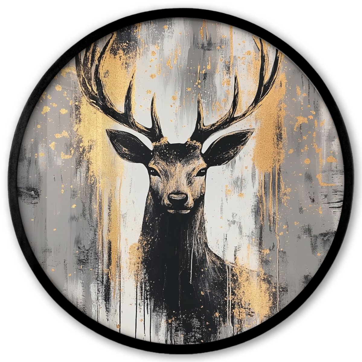 FrameYourWall Poster in lijst Rond - Fotolijst 40x40 cm - Posters - Abstract - Hert - Gewei - Goud - Ronde posterlijst zwart - Decoratie - Wanddecoratie woonkamer - Muurdecoratie slaapkamer