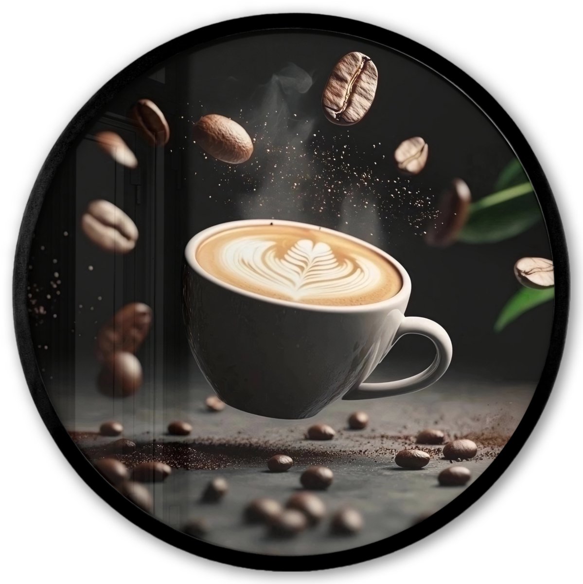 FrameYourWall Poster in lijst Rond - Fotolijst 40x40 cm - Posters - Cappuccino - Kop - Bonen - Bruin - Ronde posterlijst zwart - Decoratie - Wanddecoratie woonkamer - Muurdecoratie slaapkamer Cappuccino - Bonen