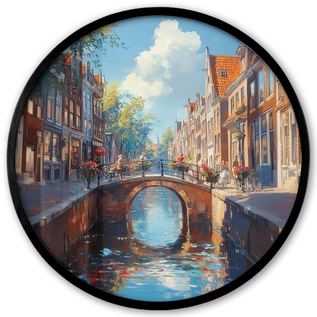 FrameYourWall Poster in lijst Rond - Fotolijst 40x40 cm - Posters - Stad - Gracht - Zon - Fietsen - Ronde posterlijst zwart - Decoratie - Wanddecoratie woonkamer - Muurdecoratie slaapkamer Brug - Gracht - Huizen