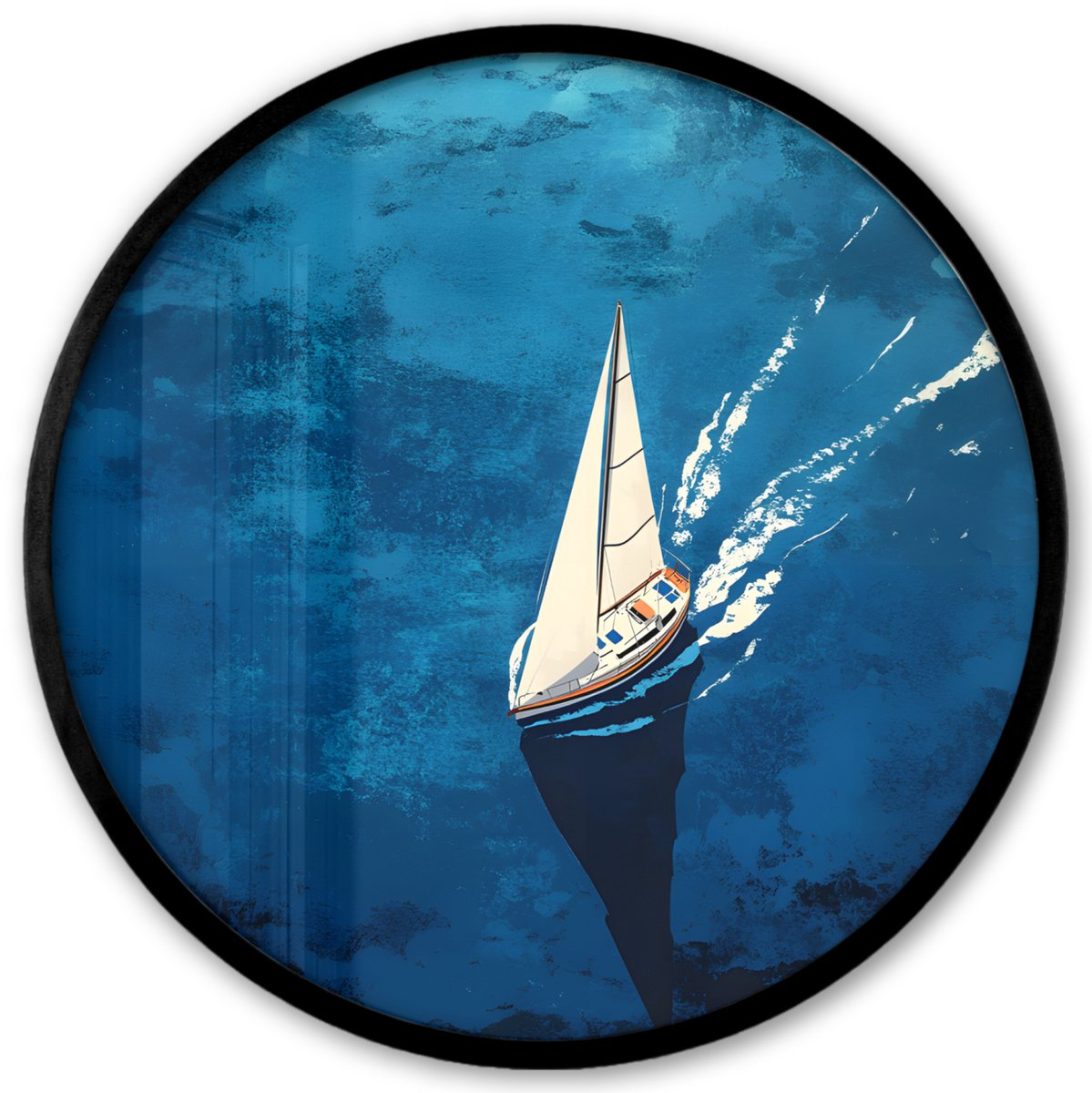 FrameYourWall Poster in lijst Rond - Fotolijst 40x40 cm - Posters - Zeilboot - Water - Abstract - Schaduw - Ronde posterlijst zwart - Decoratie - Wanddecoratie woonkamer - Muurdecoratie slaapkamer