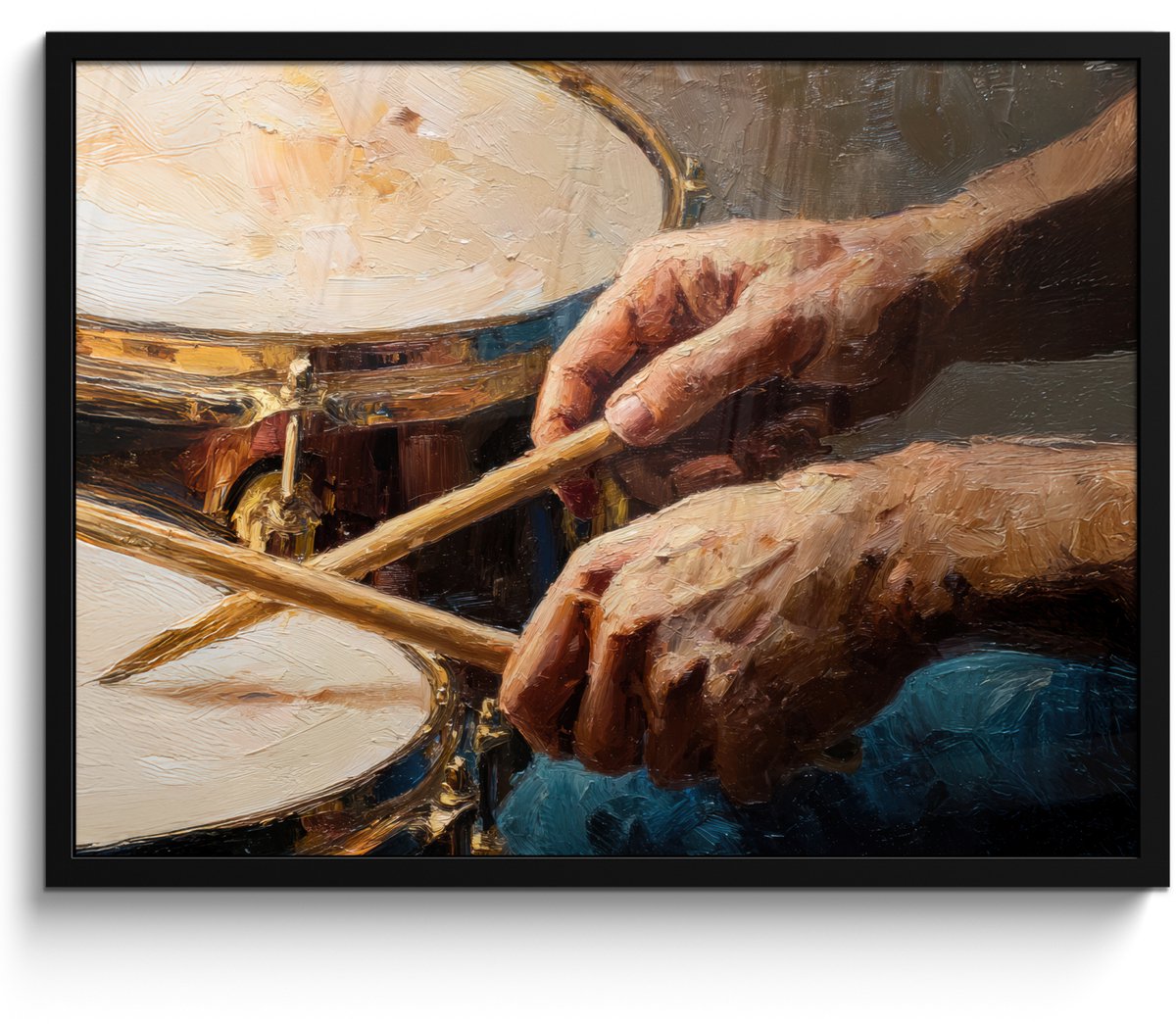 FrameYourWall Poster in lijst - Fotolijst 80x60 cm - Posters - Drumstokken - Olieverf - Man - Posterlijst zwart - Decoratie - Wanddecoratie woonkamer - Muurdecoratie slaapkamer