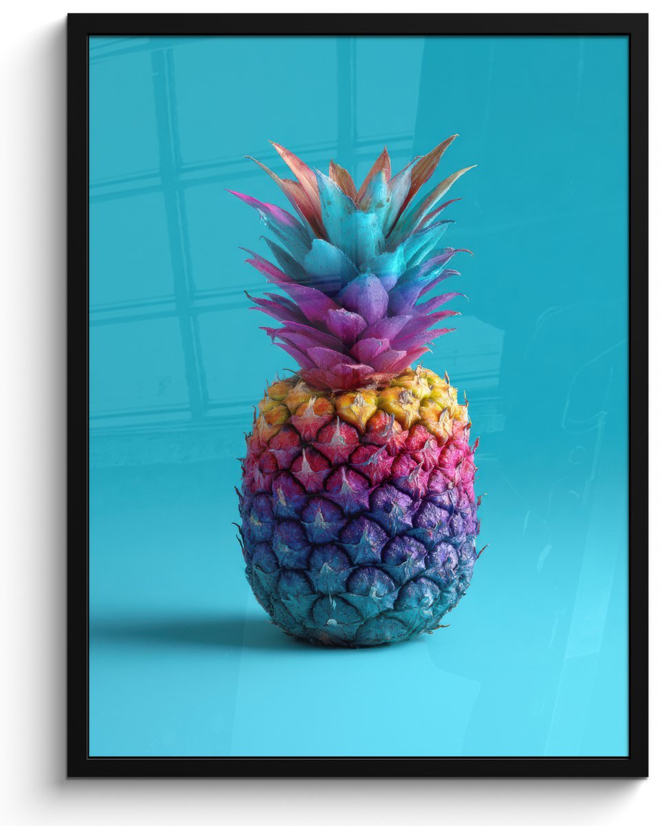 FrameYourWall Poster in lijst - Fotolijst 60x80 cm - Posters - Ananas - Regenboog - Blauw - Popart - Posterlijst zwart - Decoratie - Wanddecoratie woonkamer - Muurdecoratie slaapkamer