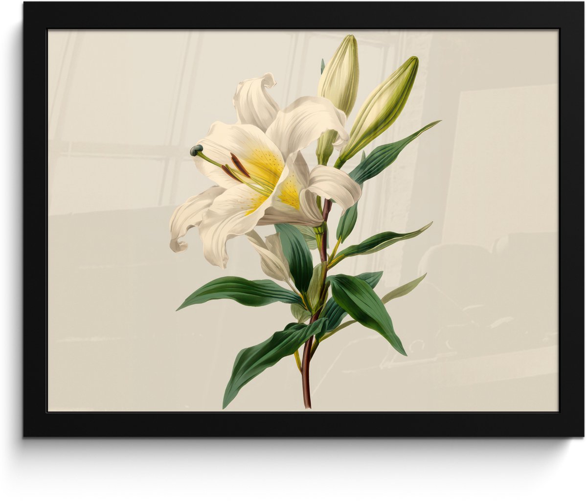 FrameYourWall Poster in lijst - Fotolijst 40x30 cm - Posters - Lelie - Elegant - Botanisch - Beige - Posterlijst zwart - Decoratie - Wanddecoratie woonkamer - Muurdecoratie slaapkamer