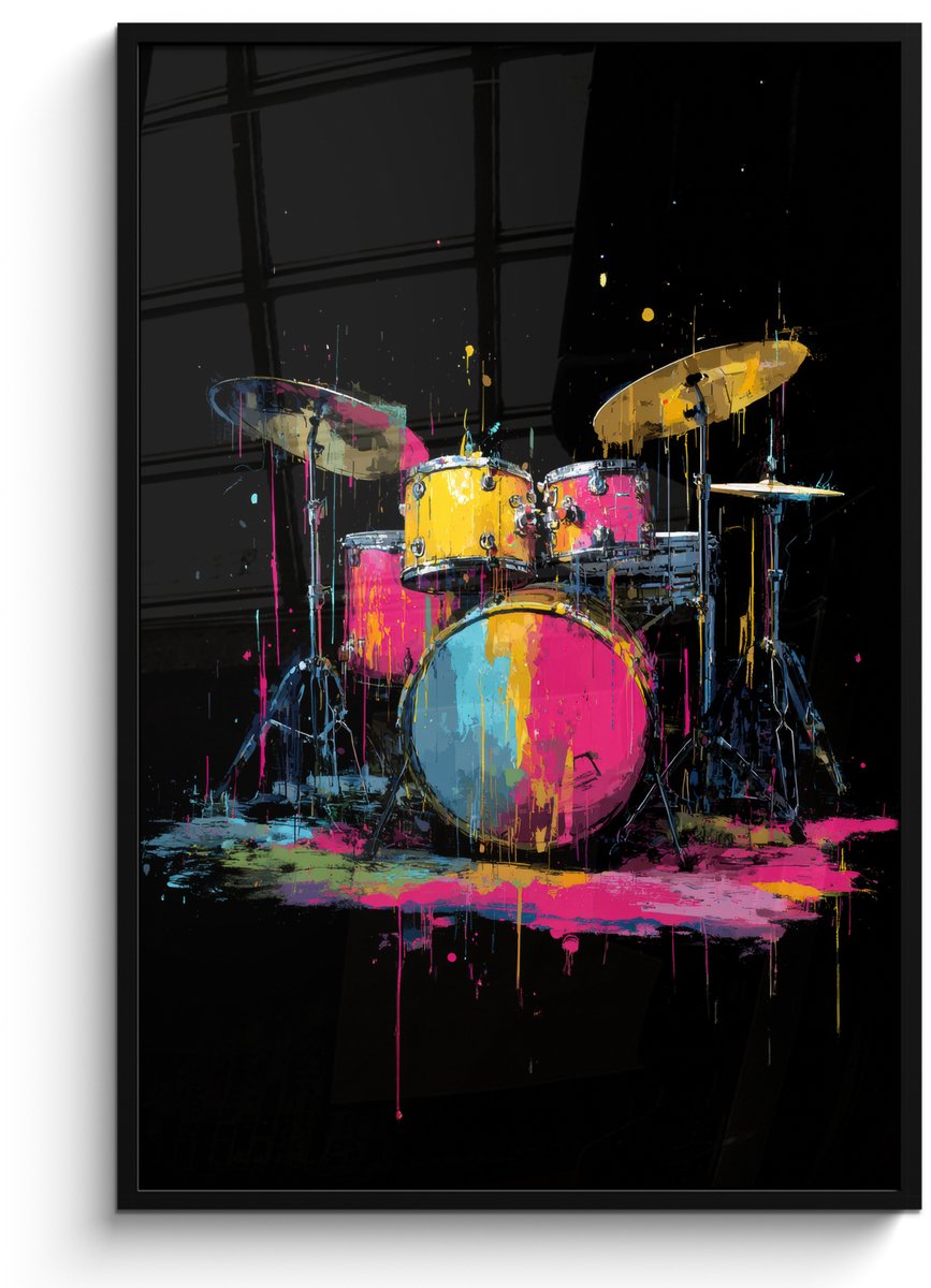 FrameYourWall Poster in lijst - Fotolijst 80x120 cm - Posters - Drumstel - Kleurrijk - Verf - Levendig - Posterlijst zwart - Decoratie - Wanddecoratie woonkamer - Muurdecoratie slaapkamer