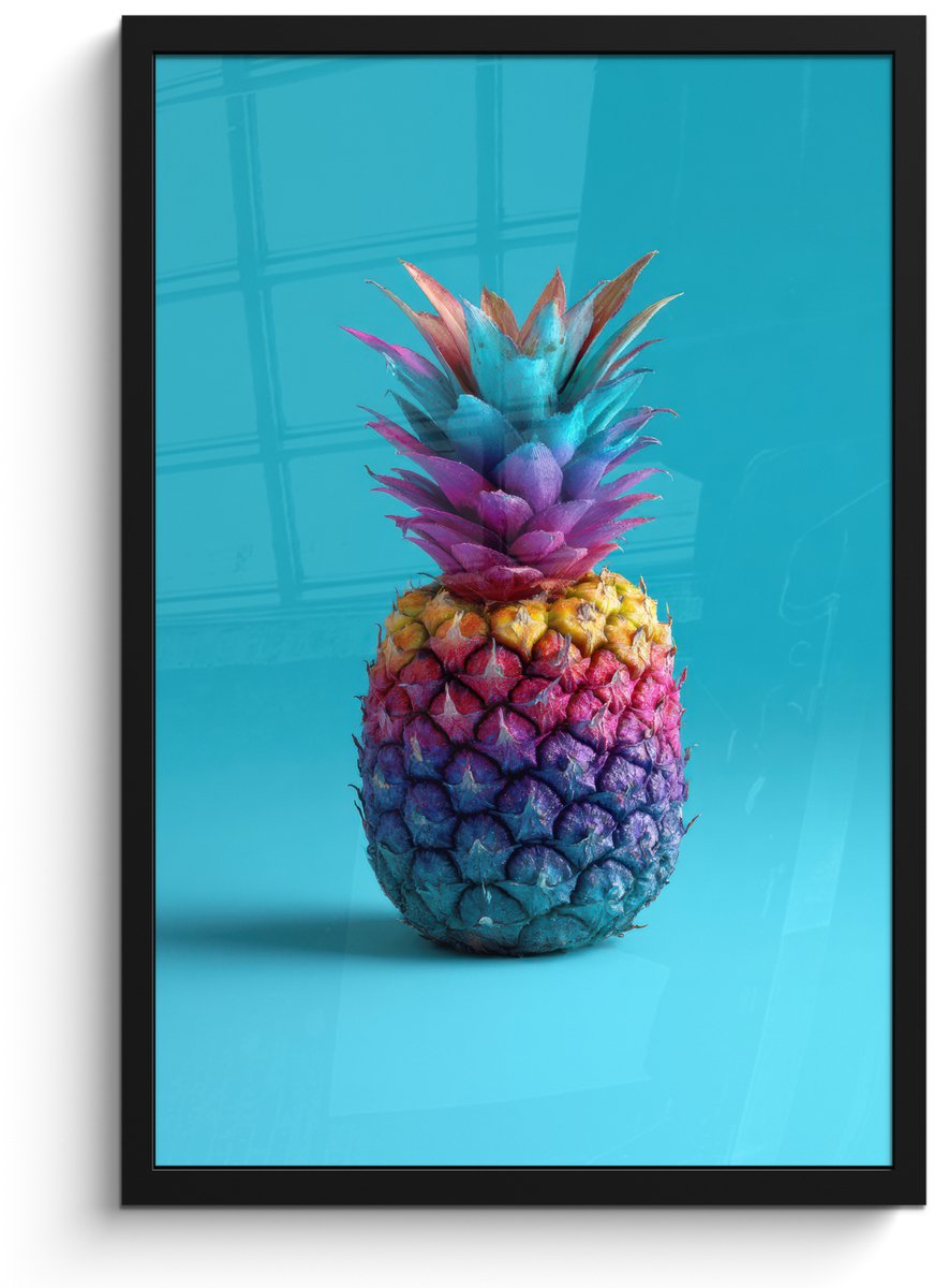 FrameYourWall Poster in lijst - Fotolijst 40x60 cm - Posters - Ananas - Regenboog - Blauw - Popart - Posterlijst zwart - Decoratie - Wanddecoratie woonkamer - Muurdecoratie slaapkamer