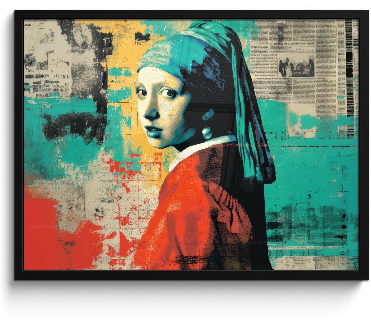 FrameYourWall Poster in lijst - Fotolijst 80x60 cm - Posters - Klassiek - Pareloorbel - Streetartstijl - Kleurrijk - Posterlijst zwart - Decoratie - Wanddecoratie woonkamer - Muurdecoratie slaapkamer Vrouw - Klassiek - Pareloorbel