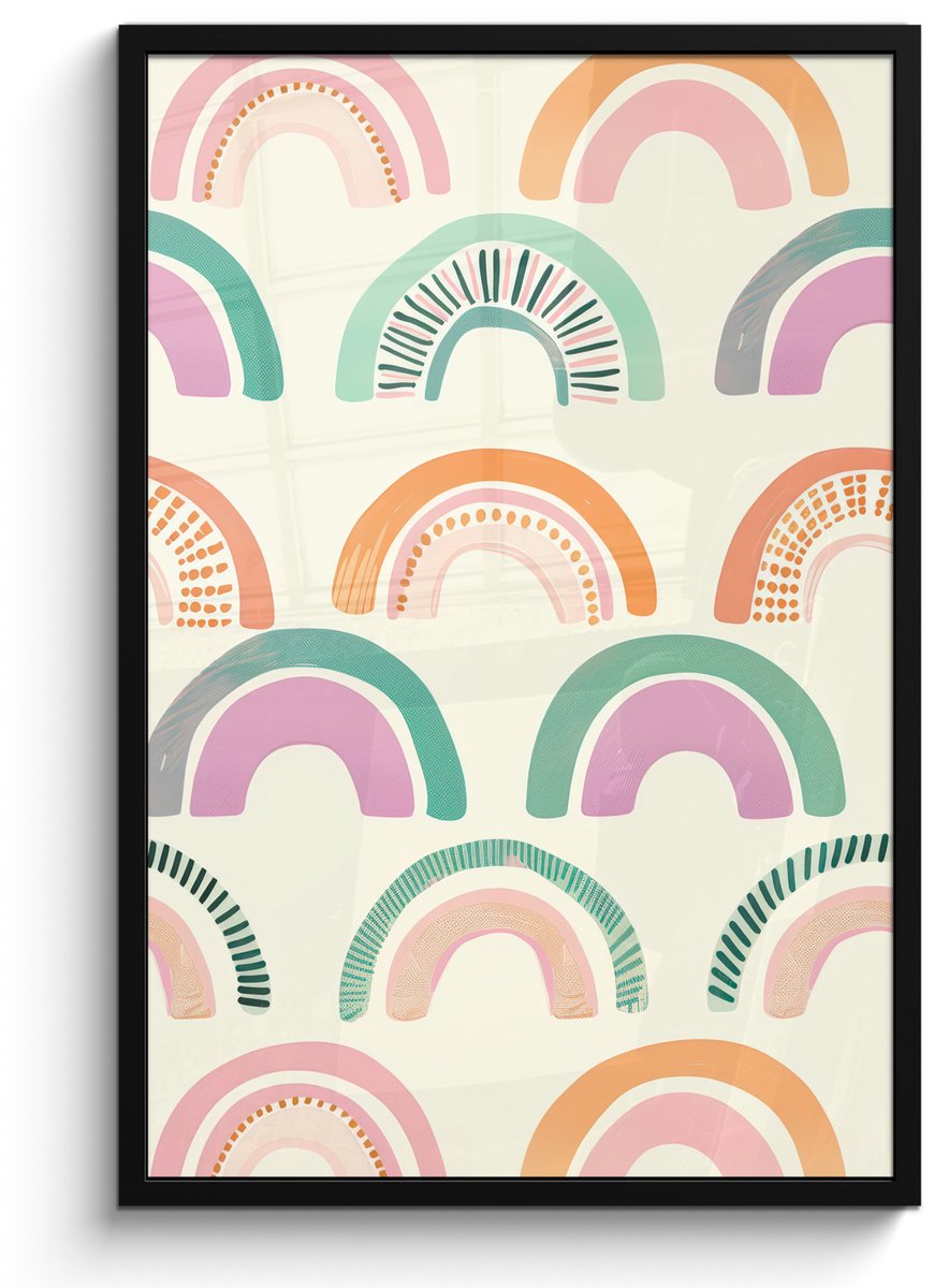 FrameYourWall Poster in lijst - Fotolijst 60x90 cm - Posters - Regenboog - Pastel - Patroon - Posterlijst zwart - Decoratie - Wanddecoratie woonkamer - Muurdecoratie slaapkamer Regenbogen - Stippen - Strepen