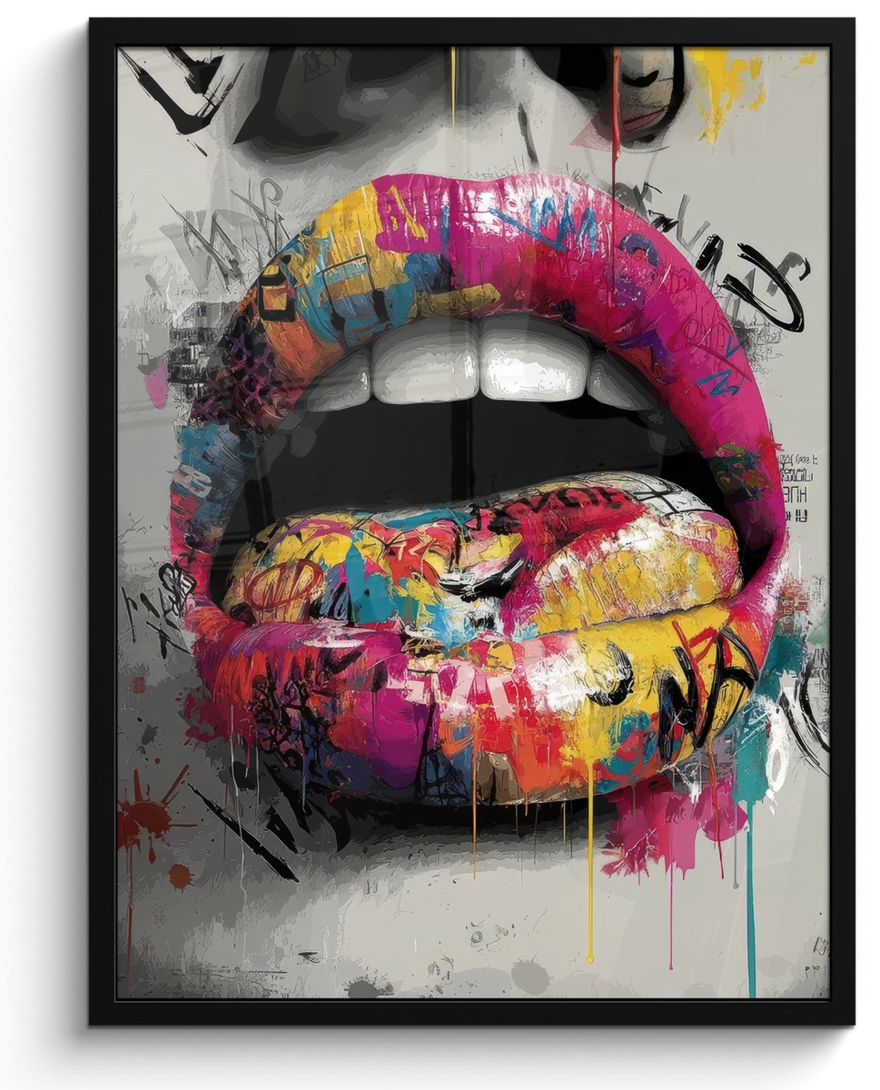FrameYourWall Poster in lijst - Fotolijst 60x80 cm - Posters - Lippen - Graffiti - Expressief - Posterlijst zwart - Decoratie - Wanddecoratie woonkamer - Muurdecoratie slaapkamer