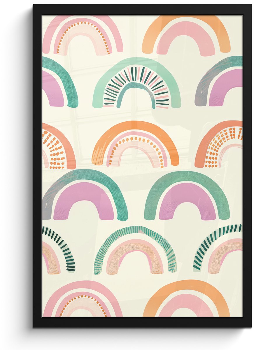 FrameYourWall Poster in lijst - Fotolijst 40x60 cm - Posters - Regenboog - Pastel - Patroon - Posterlijst zwart - Decoratie - Wanddecoratie woonkamer - Muurdecoratie slaapkamer Regenbogen - Stippen - Strepen