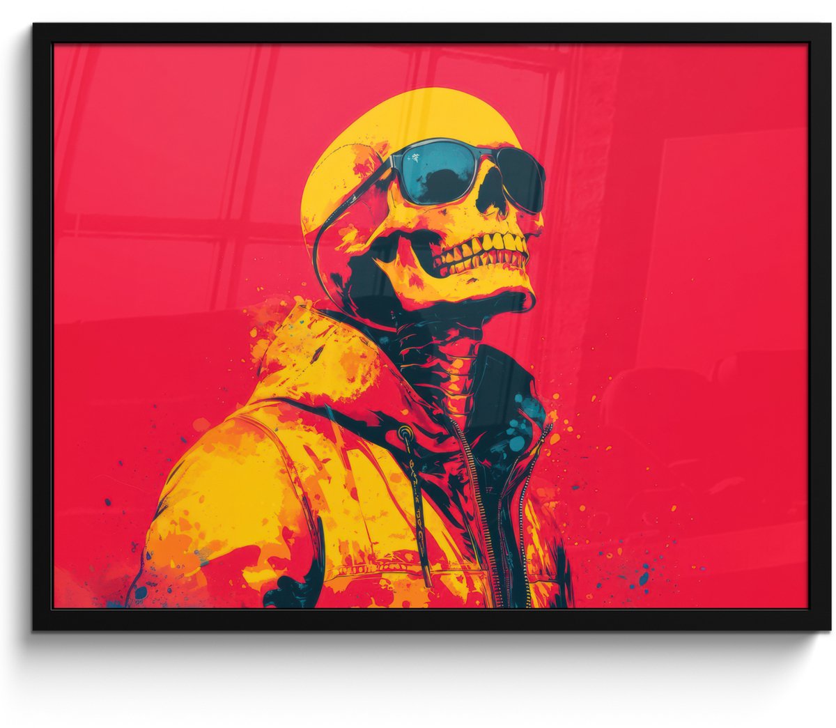 FrameYourWall Poster in lijst - Fotolijst 80x60 cm - Posters - Zonnebril - Schedel - Jas - Rood - Posterlijst zwart - Decoratie - Wanddecoratie woonkamer - Muurdecoratie slaapkamer Schedel - Zonnebril