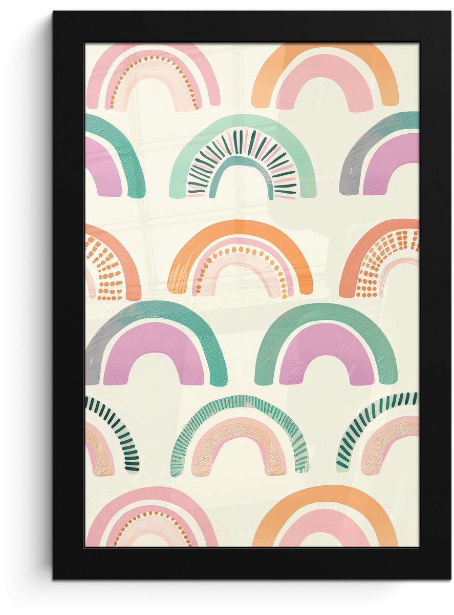 FrameYourWall Poster in lijst - Fotolijst 20x30 cm - Posters - Regenboog - Pastel - Patroon - Posterlijst zwart - Decoratie - Wanddecoratie woonkamer - Muurdecoratie slaapkamer Regenbogen - Stippen - Strepen