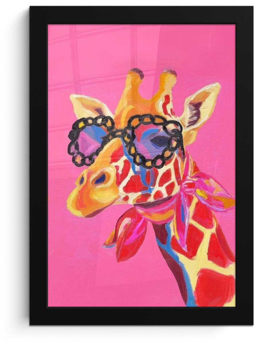 FrameYourWall Poster in lijst - Fotolijst 20x30 cm - Posters - Giraf - Roze - Bril - Sjaal - Posterlijst zwart - Decoratie - Wanddecoratie woonkamer - Muurdecoratie slaapkamer