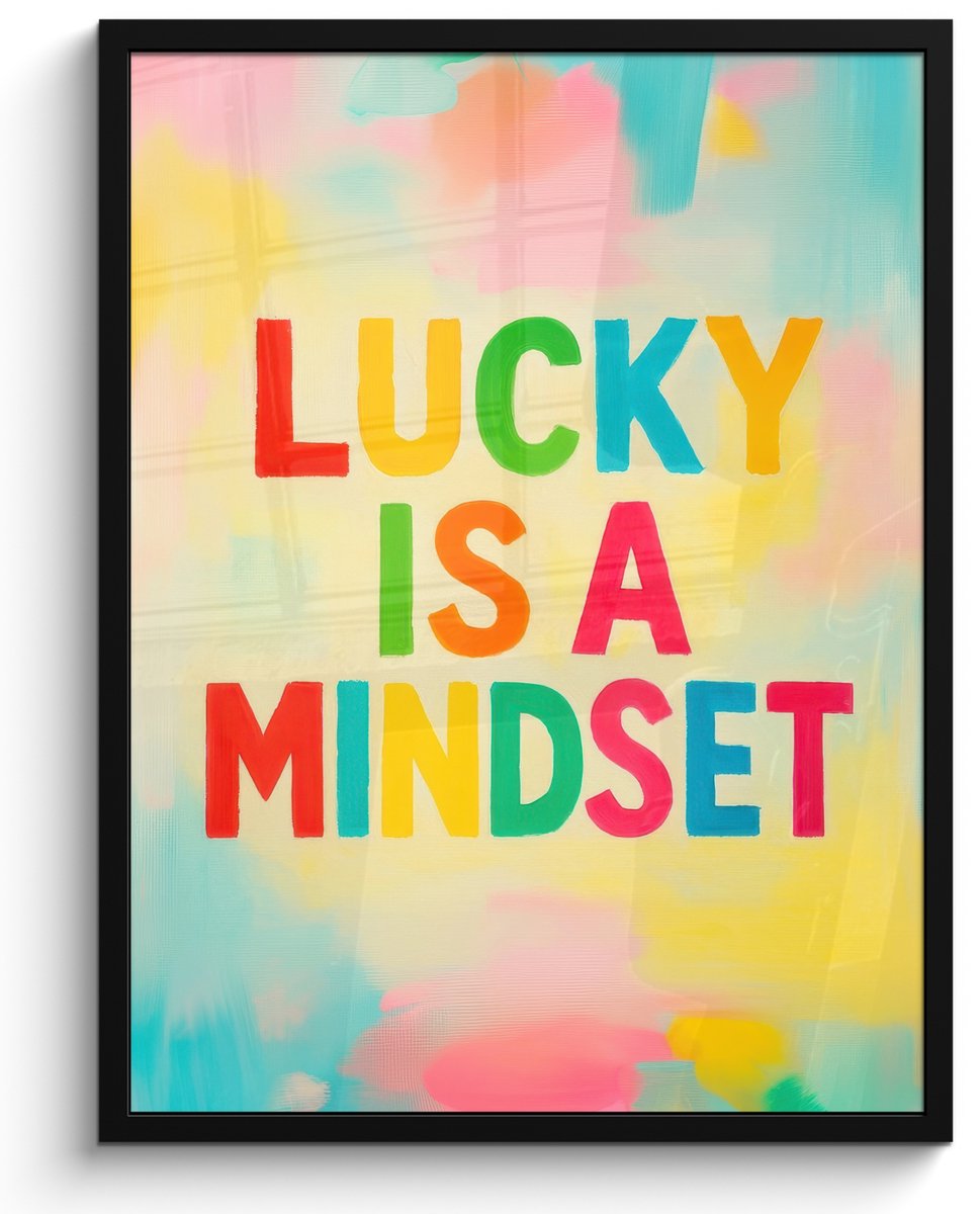 FrameYourWall Poster in lijst - Fotolijst 60x80 cm - Posters - Quote - Lucky - Regenboogkleuren - Posterlijst zwart - Decoratie - Wanddecoratie woonkamer - Muurdecoratie slaapkamer Quote - Lucky - Kleurrijk